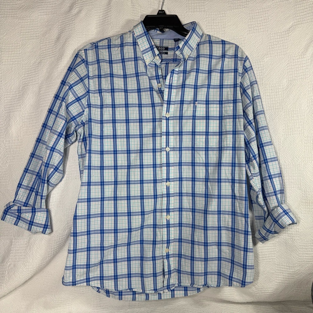Izod Shirt Mens Large Button Up Long Sleeve Pocket Pink Blue White Plaid